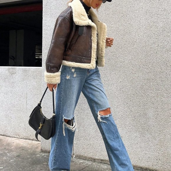 Brown Casual Womens Teddy Lined PU Leather Jacket - Picture 3 of 5